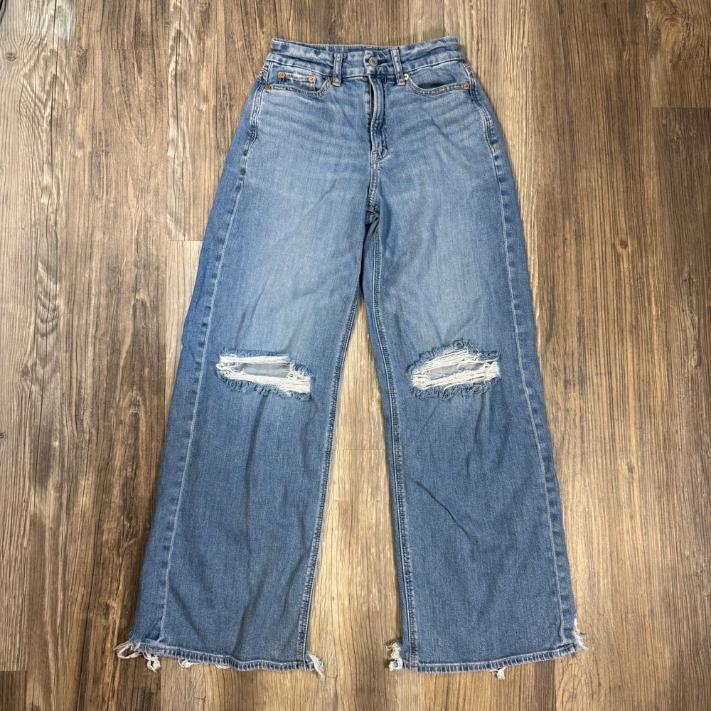 American Eagle Y2K High Waisted Wide Leg Distressed Jeans Blue Womens 00 Regular